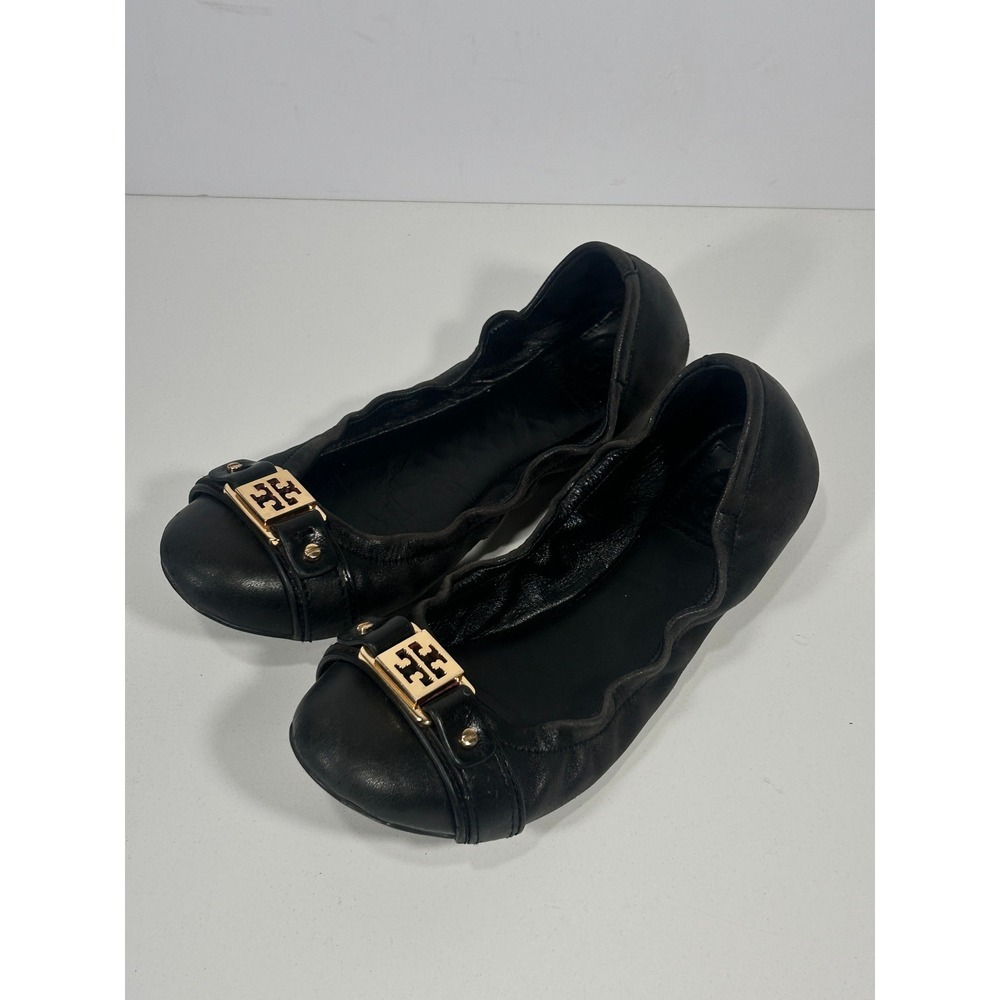 Tory Burch Black Leather Scrunch Ballet Flats Gold Logo Hardware Round Toe Sz7.5